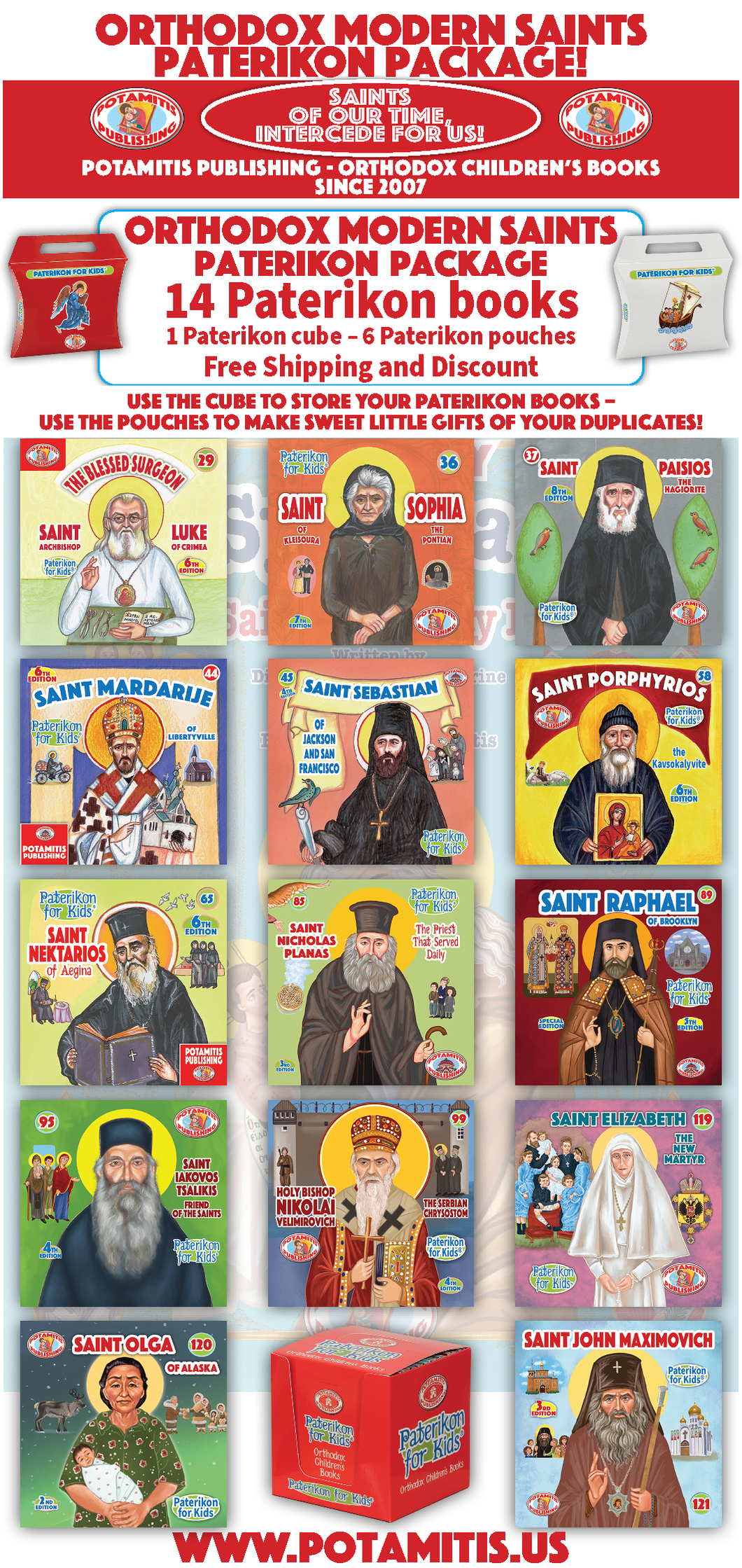 Promotional flyer for Orthodox Modern Saints Patricon Package with book covers and packaging.